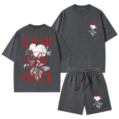 Saved By Grace Christian Washed T-Shirt & Shorts