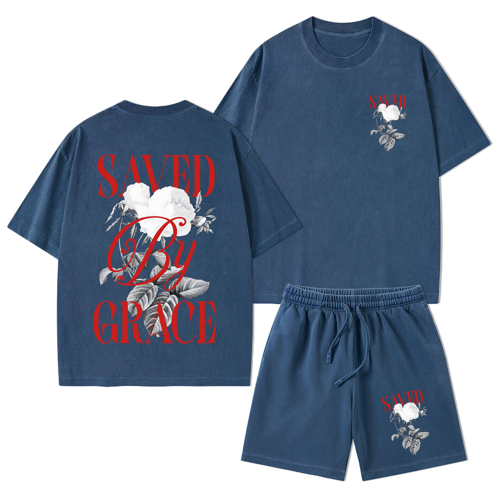 Saved By Grace Christian Washed T-Shirt & Shorts