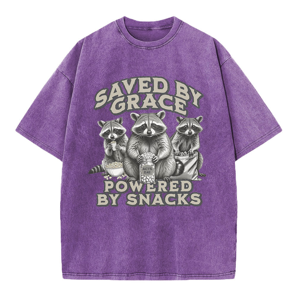Saved By Grace Powered By Snacks Christian Washed T-Shirt