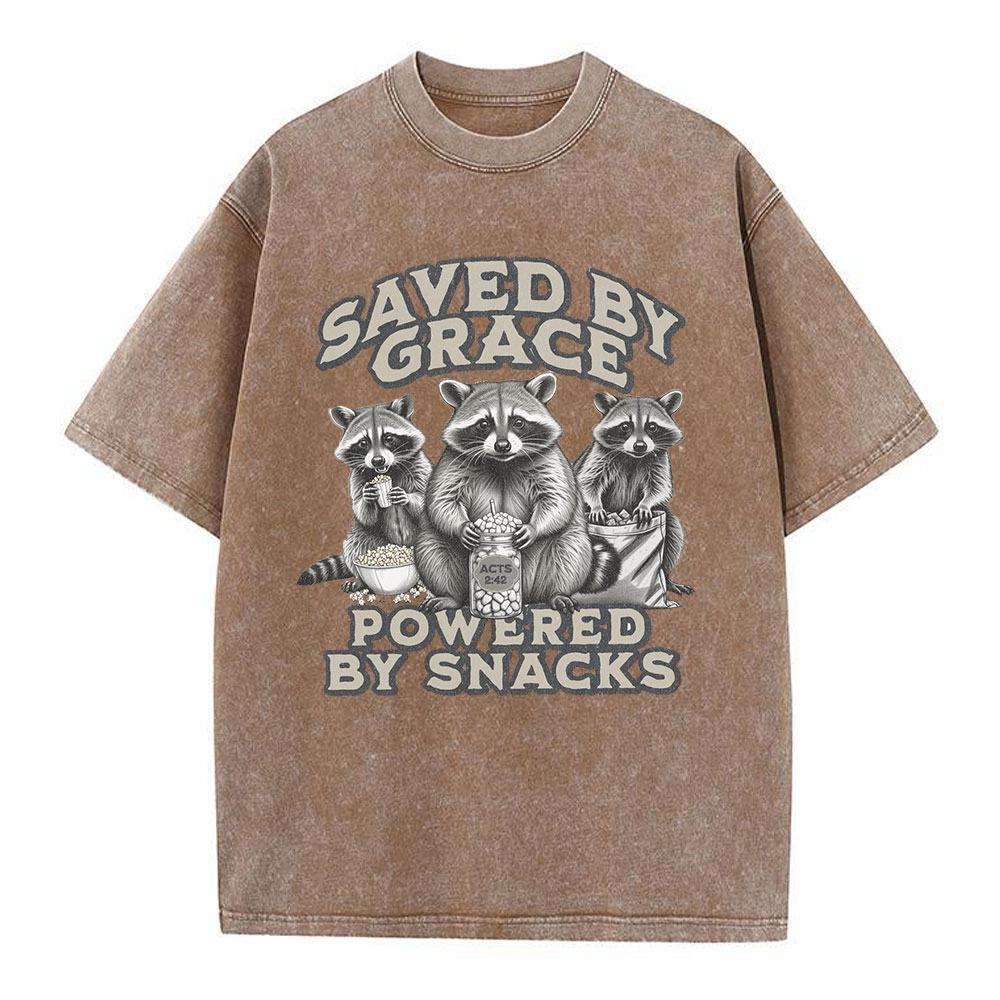 Saved By Grace Powered By Snacks Christian Washed T-Shirt