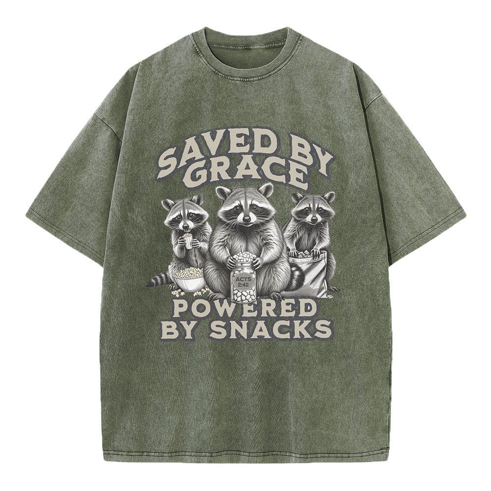 Saved By Grace Powered By Snacks Christian Washed T-Shirt