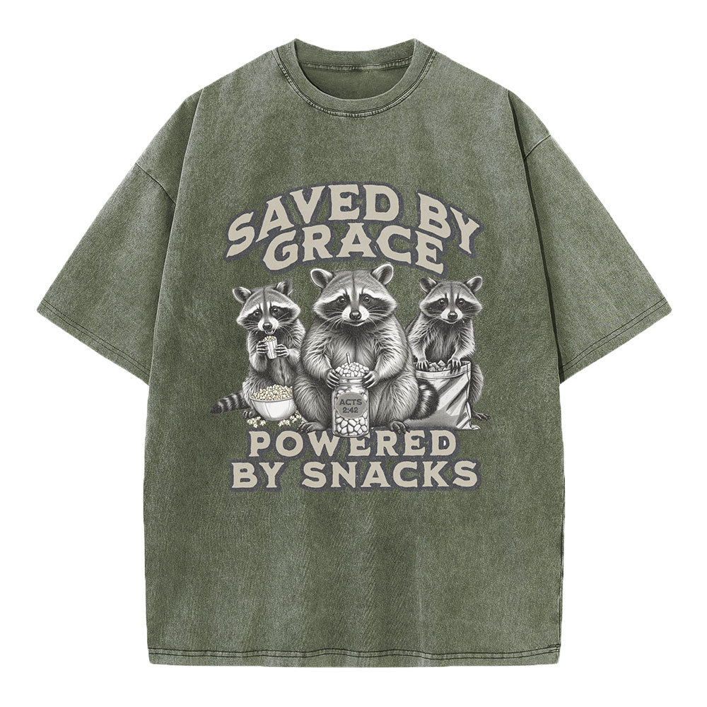 Saved By Grace Powered By Snacks Christian Washed T-Shirt