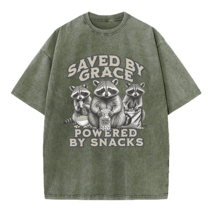 Saved By Grace Powered By Snacks Christian Washed T-Shirt