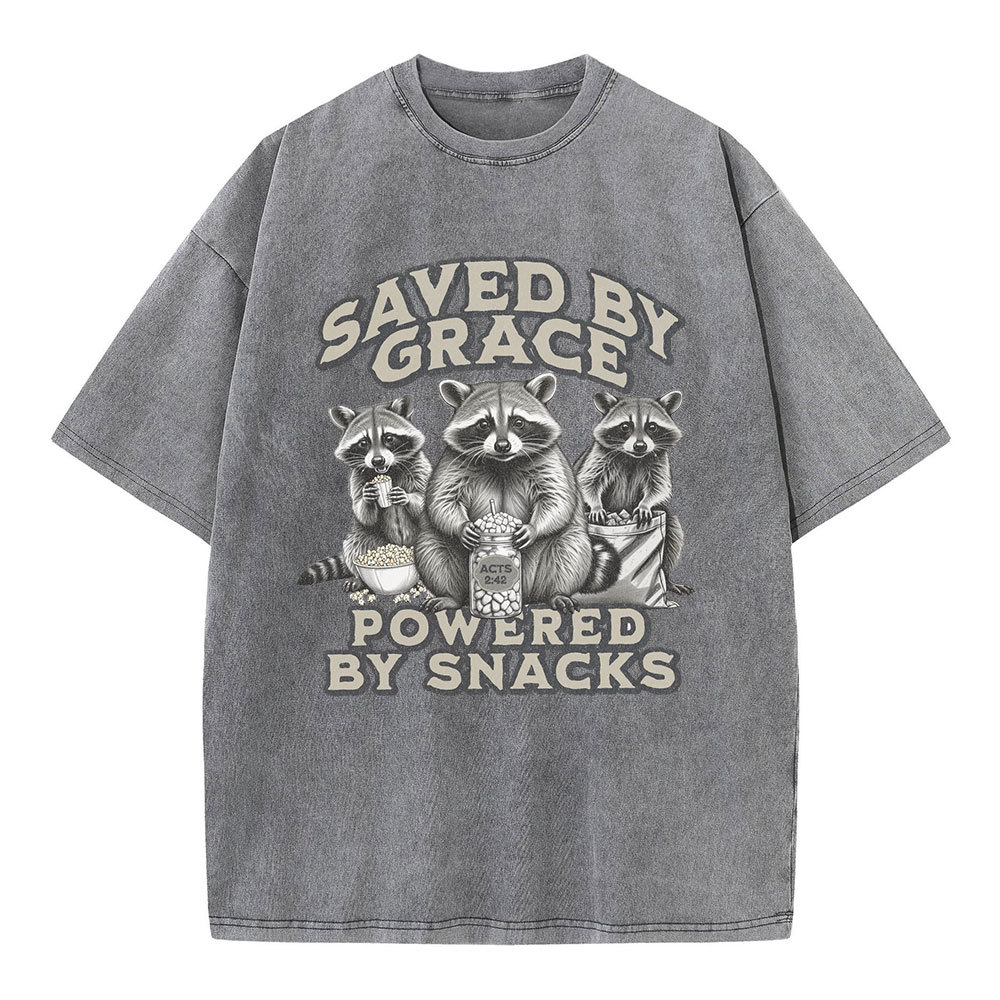 Saved By Grace Powered By Snacks Christian Washed T-Shirt