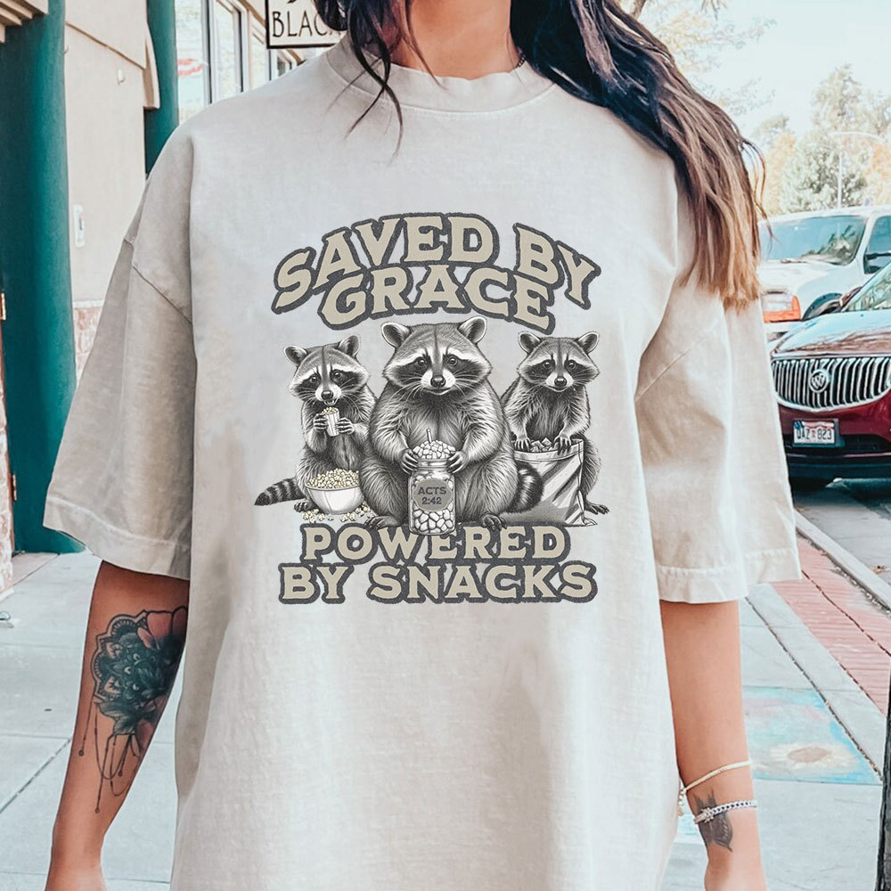 Saved By Grace Powered By Snacks Christian Washed T-Shirt