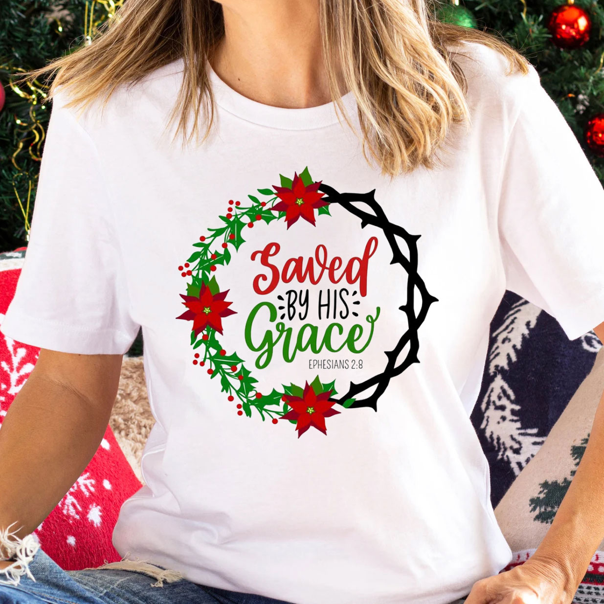 Saved By His Grace Christian Christmas T-Shirt