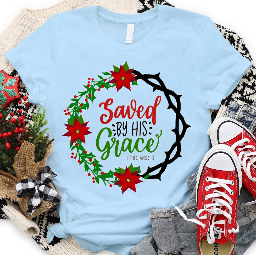 Saved By His Grace Christian Christmas T-Shirt