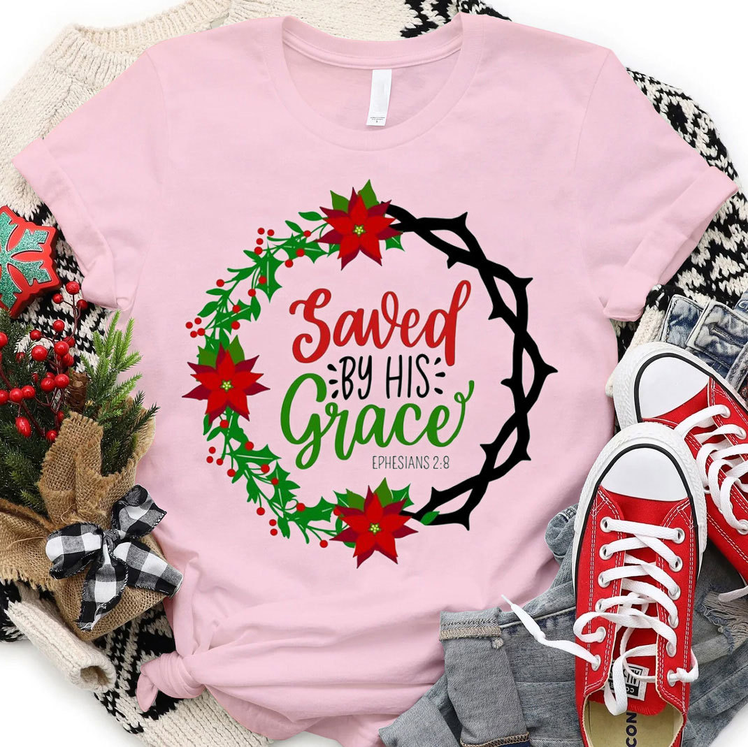 Saved By His Grace Christian Christmas T-Shirt