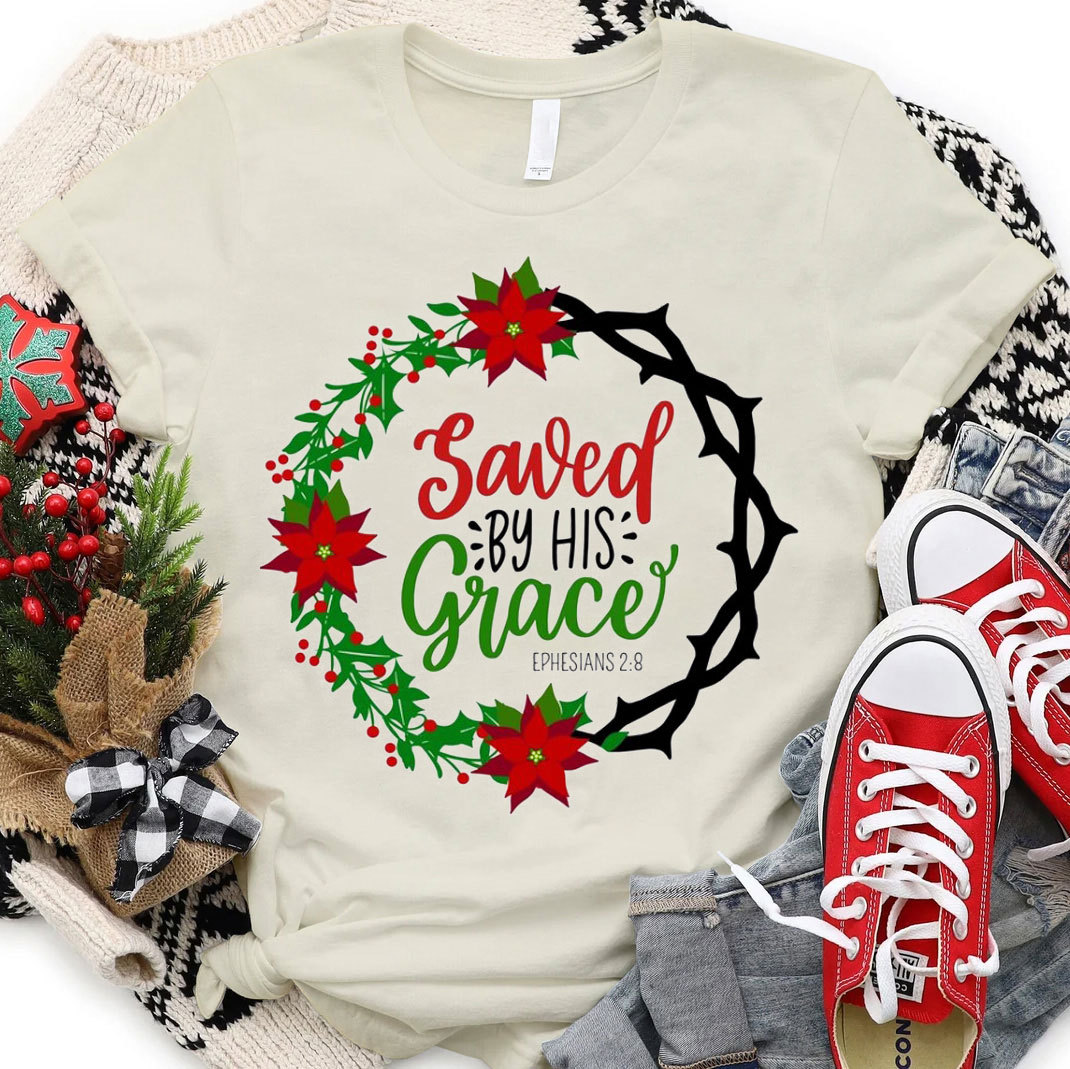 Saved By His Grace Christian Christmas T-Shirt