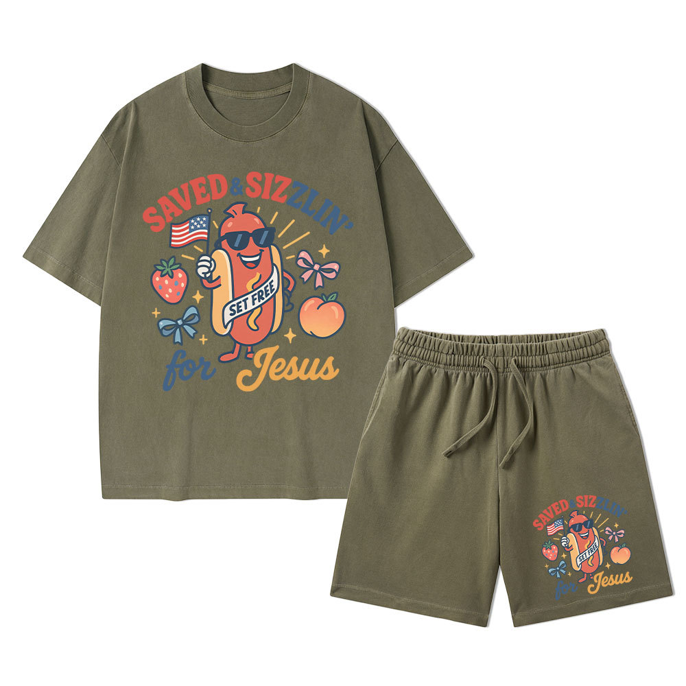 Saved&Sizzlin' For Jesus Christian Washed T-Shirt & Shorts