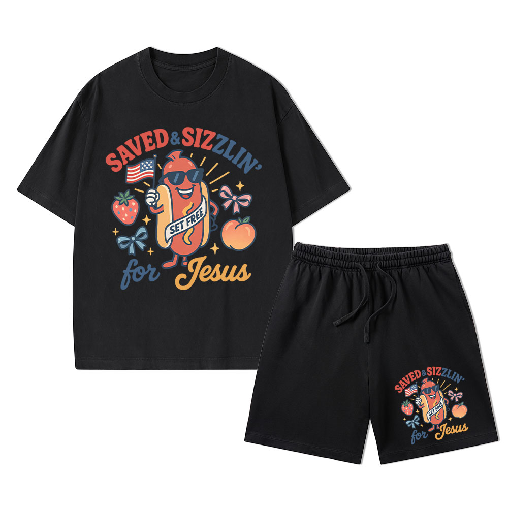 Saved&Sizzlin' For Jesus Christian Washed T-Shirt & Shorts