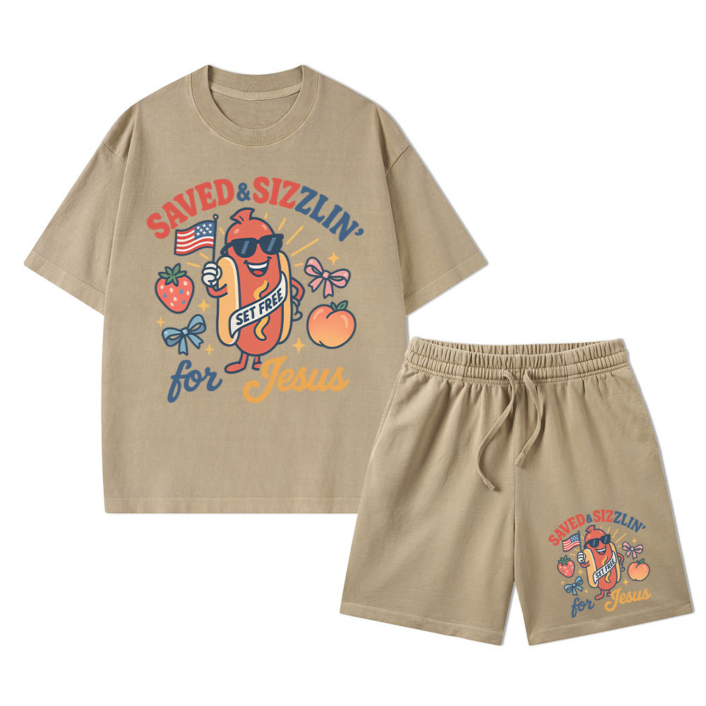 Saved&Sizzlin' For Jesus Christian Washed T-Shirt & Shorts