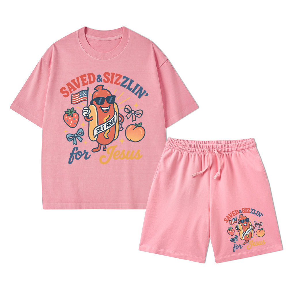Saved&Sizzlin' For Jesus Christian Washed T-Shirt & Shorts