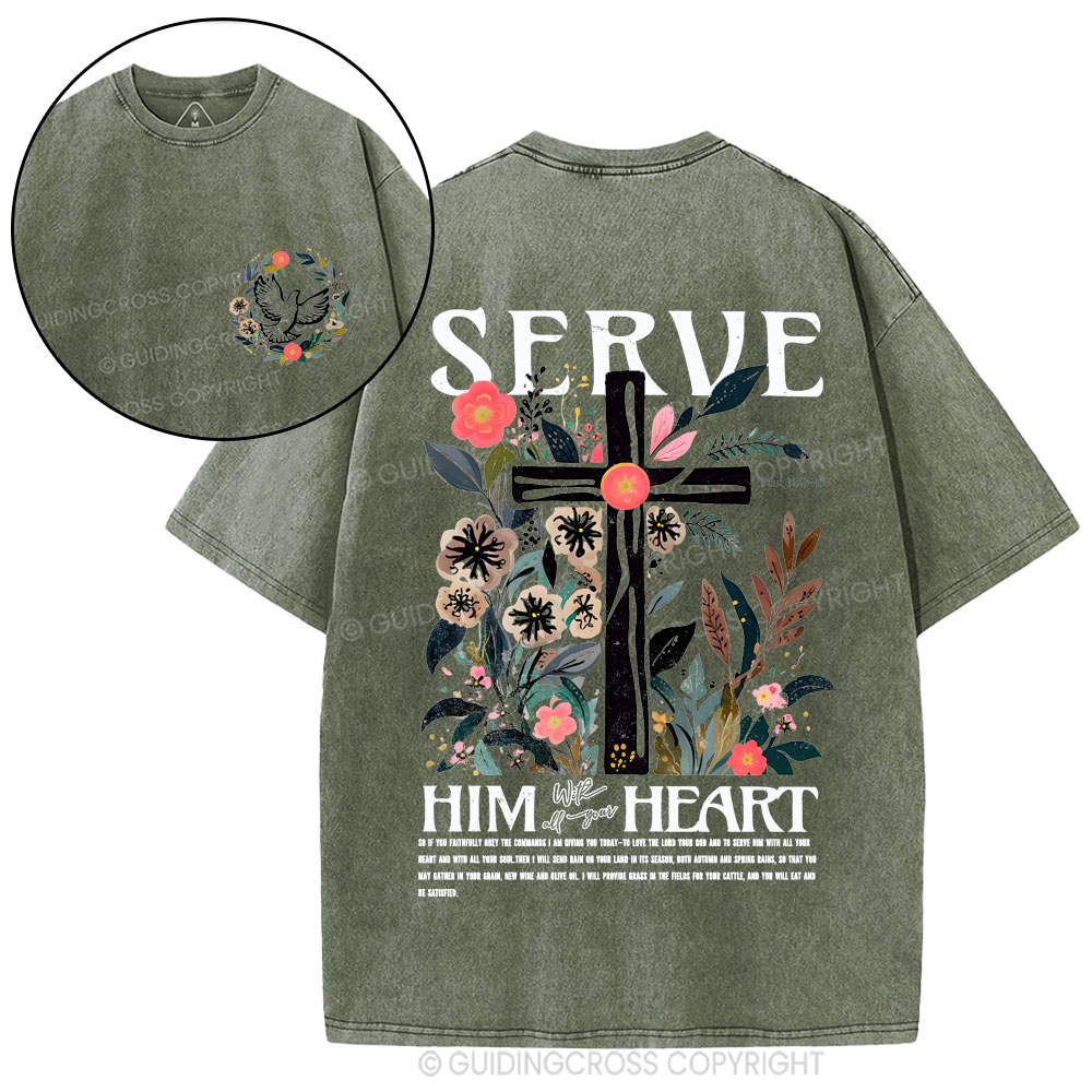 Serve Him Heart Christian Washed T-Shirt