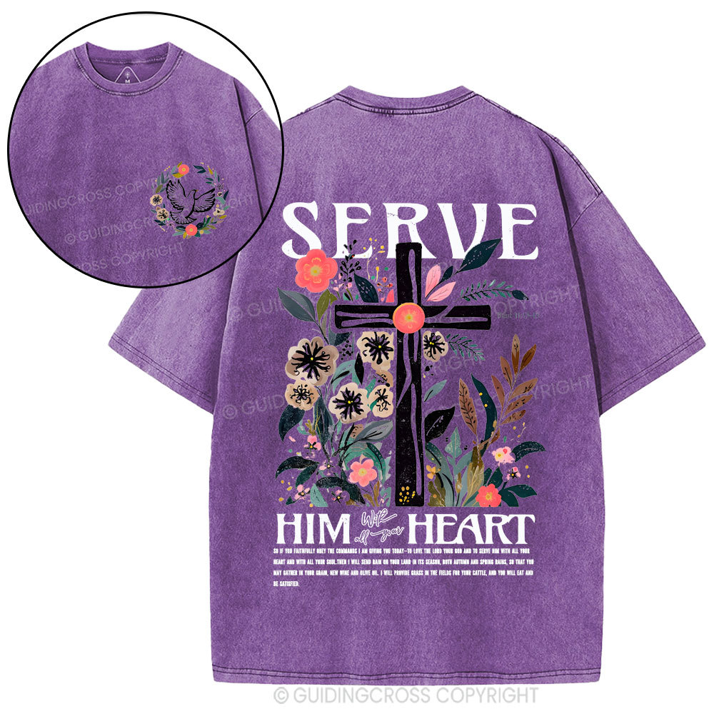 Serve Him Heart Christian Washed T-Shirt