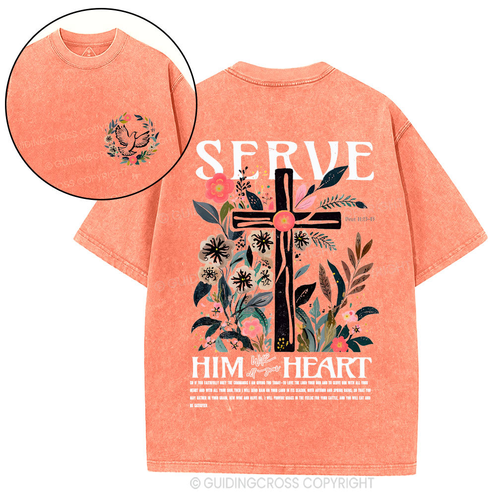 Serve Him Heart Christian Washed T-Shirt