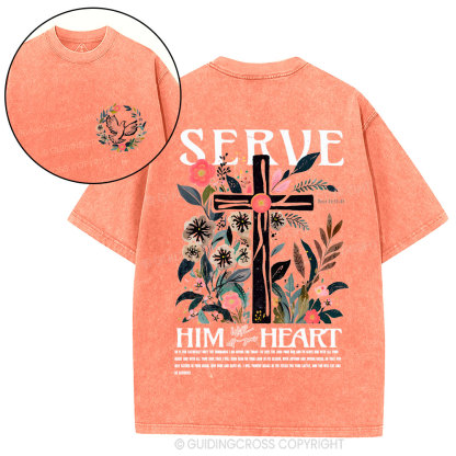 Serve Him Heart Christian Washed T-Shirt