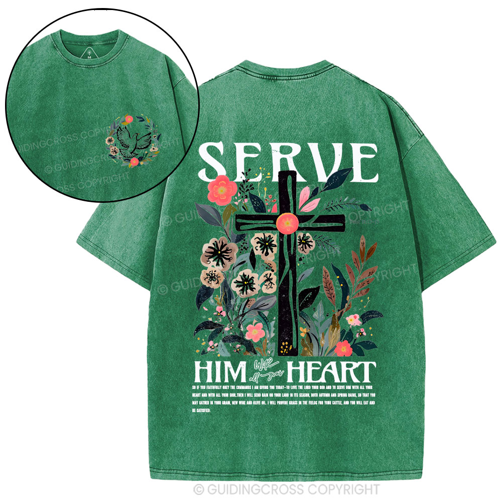 Serve Him Heart Christian Washed T-Shirt
