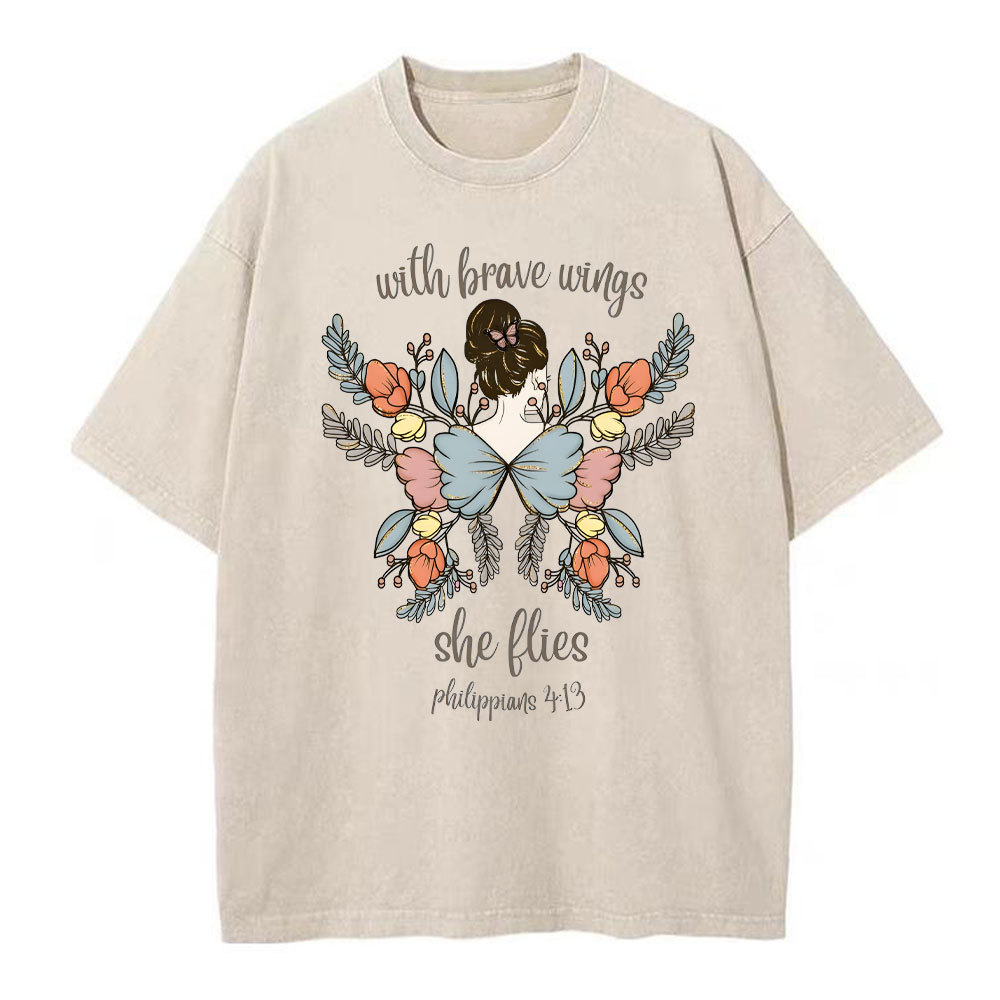 She Flies With Brave Wings Christian Washed T-Shirt