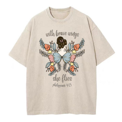 She Flies With Brave Wings Christian Washed T-Shirt