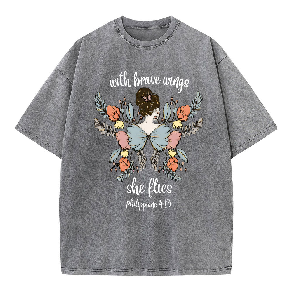 She Flies With Brave Wings Christian Washed T-Shirt