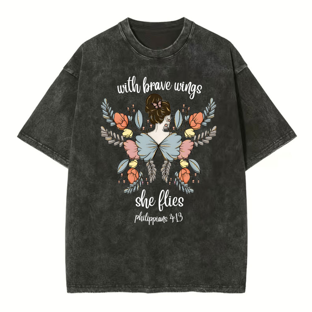 She Flies With Brave Wings Christian Washed T-Shirt