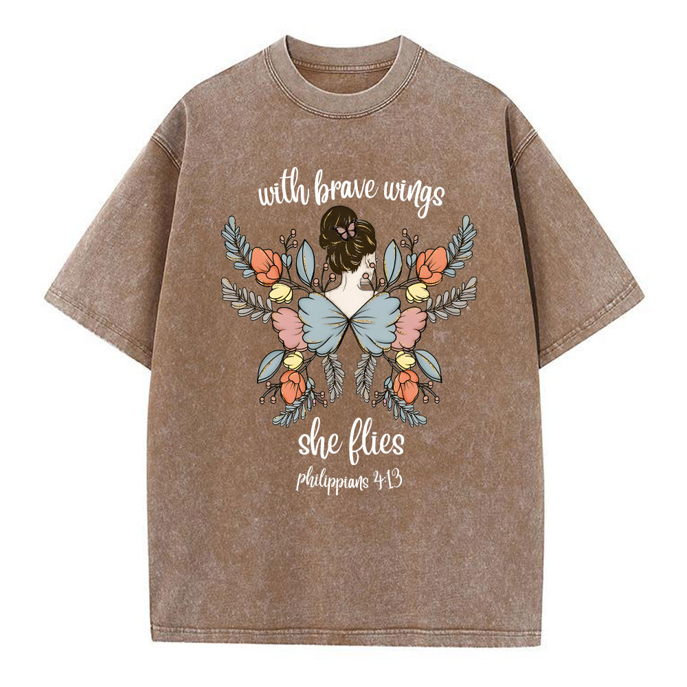 She Flies With Brave Wings Christian Washed T-Shirt
