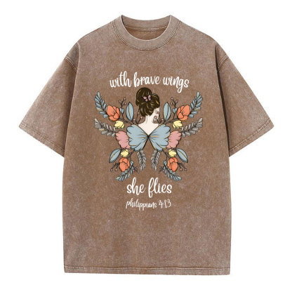 She Flies With Brave Wings Christian Washed T-Shirt