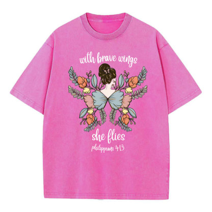 She Flies With Brave Wings Christian Washed T-Shirt