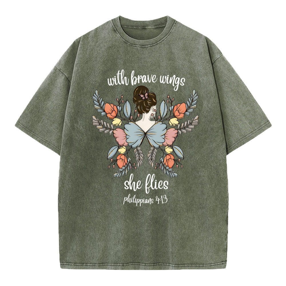 She Flies With Brave Wings Christian Washed T-Shirt