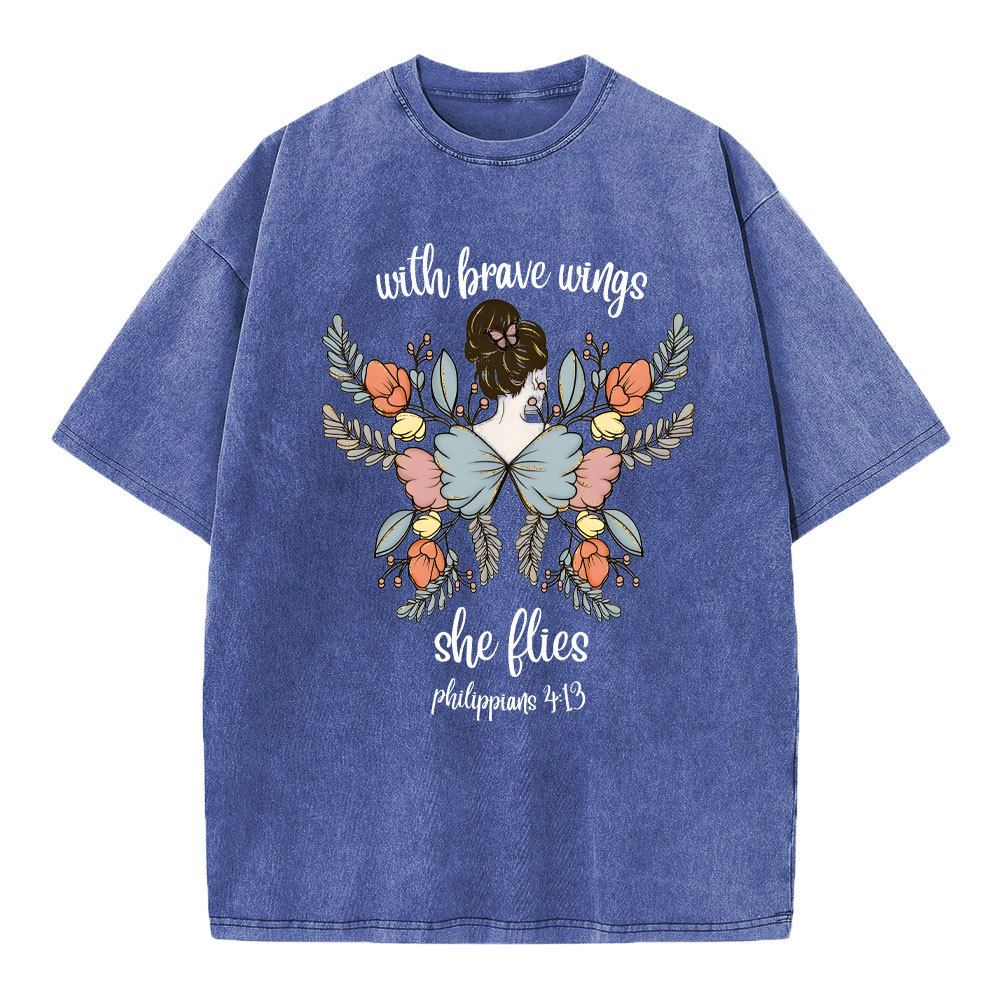 She Flies With Brave Wings Christian Washed T-Shirt