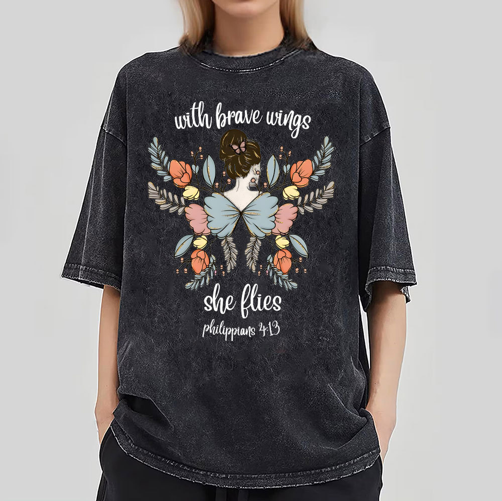 She Flies With Brave Wings Christian Washed T-Shirt