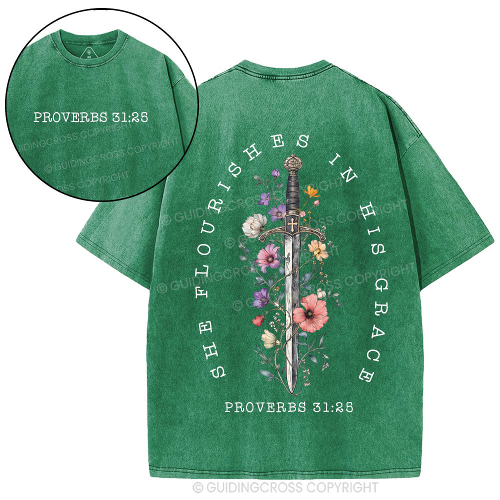 She Flouries In His Grace Christian Washed T-Shirt