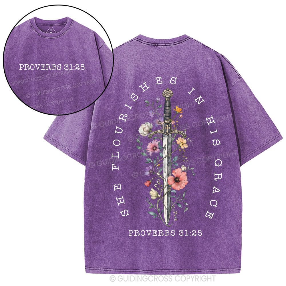 She Flouries In His Grace Christian Washed T-Shirt