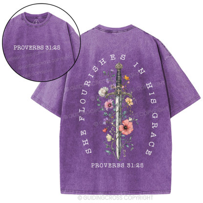 She Flouries In His Grace Christian Washed T-Shirt