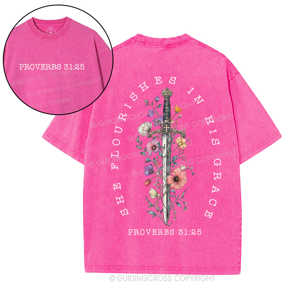She Flouries In His Grace Christian Washed T-Shirt