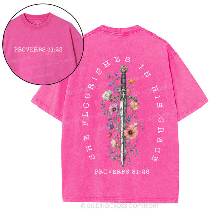 She Flouries In His Grace Christian Washed T-Shirt