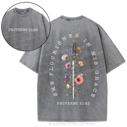 She Flouries In His Grace Christian Washed T-Shirt