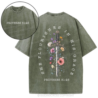 She Flouries In His Grace Christian Washed T-Shirt