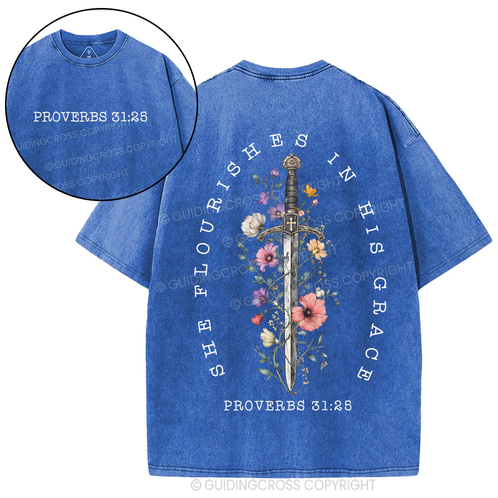 She Flouries In His Grace Christian Washed T-Shirt