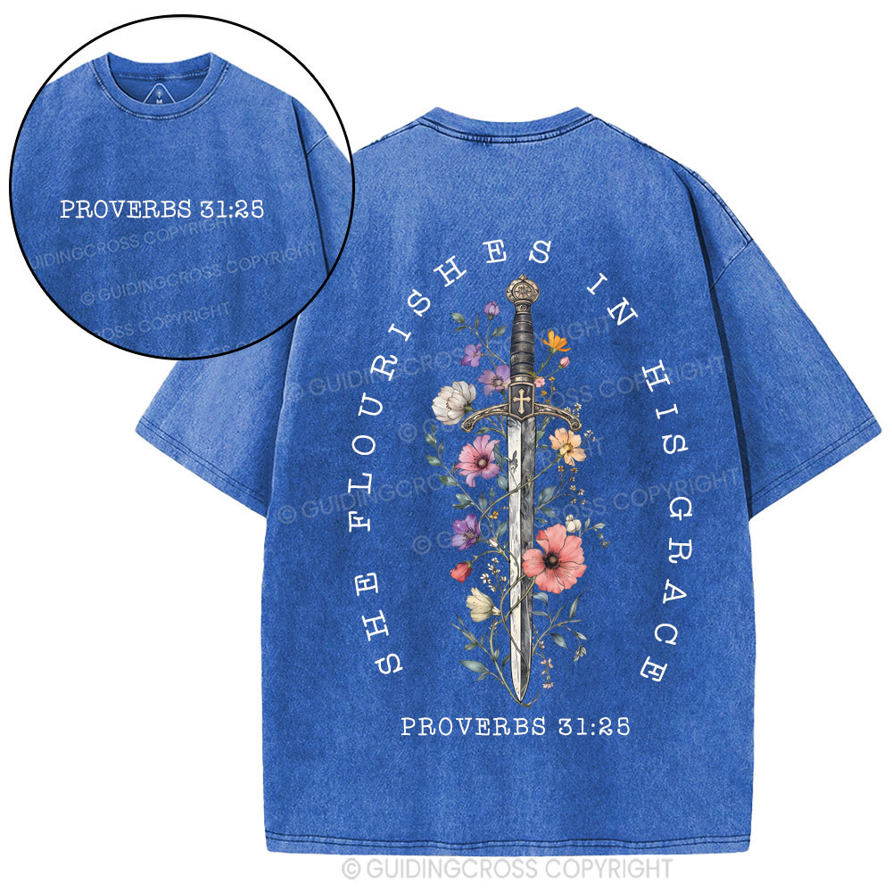 She Flouries In His Grace Christian Washed T-Shirt