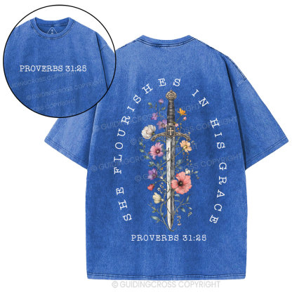 She Flouries In His Grace Christian Washed T-Shirt
