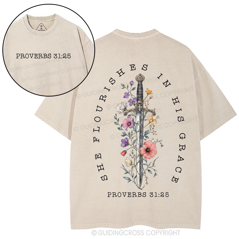 She Flouries In His Grace Christian Washed T-Shirt