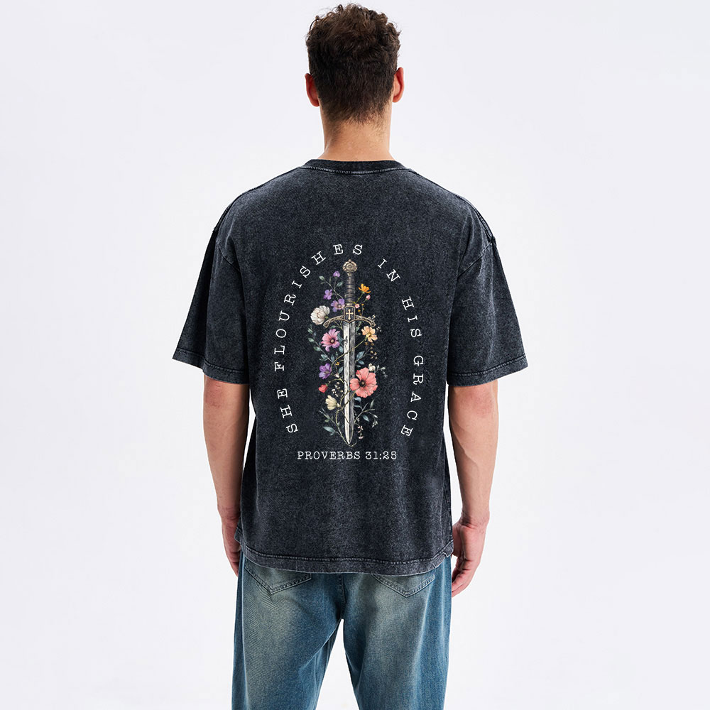 She Flouries In His Grace Christian Washed T-Shirt