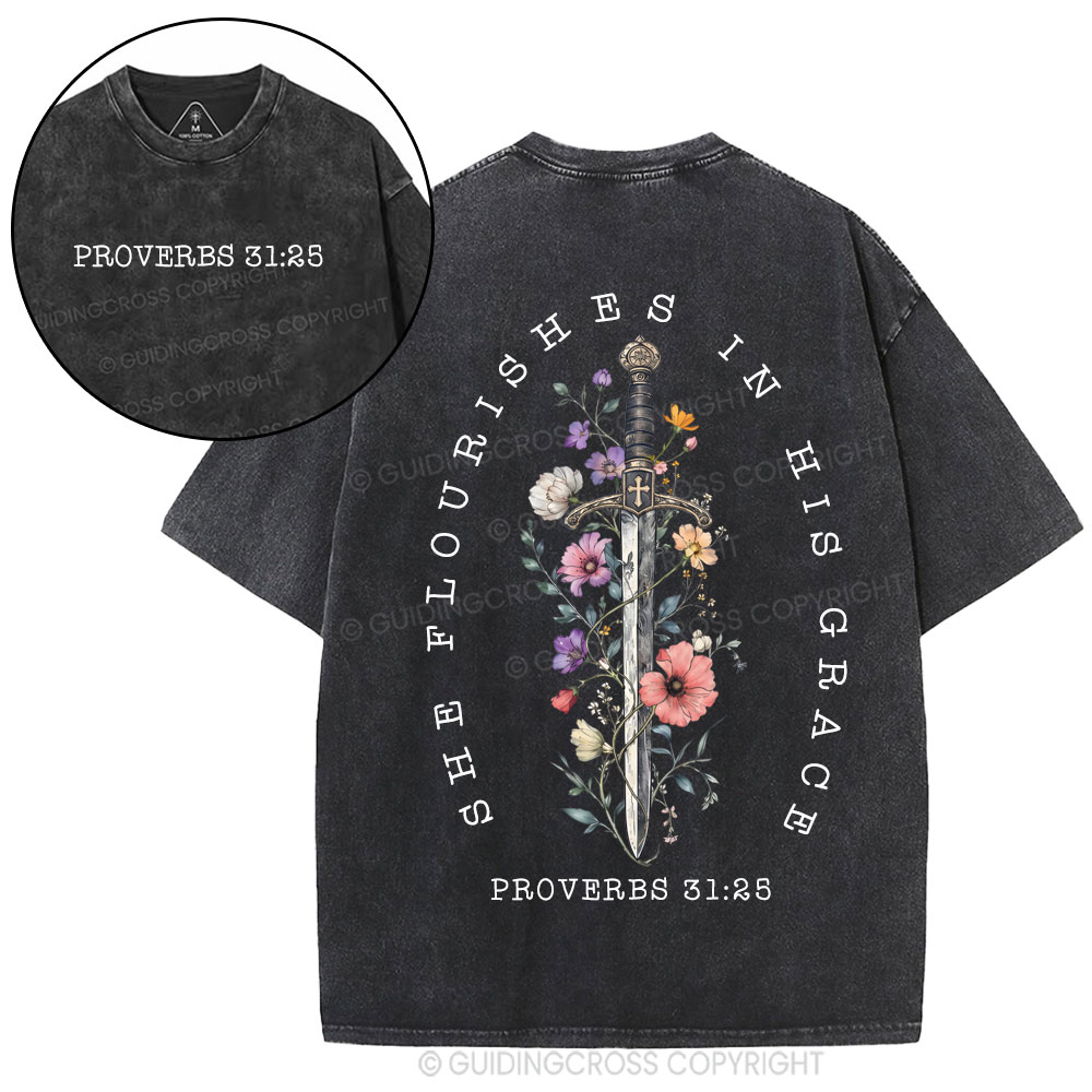 She Flouries In His Grace Christian Washed T-Shirt