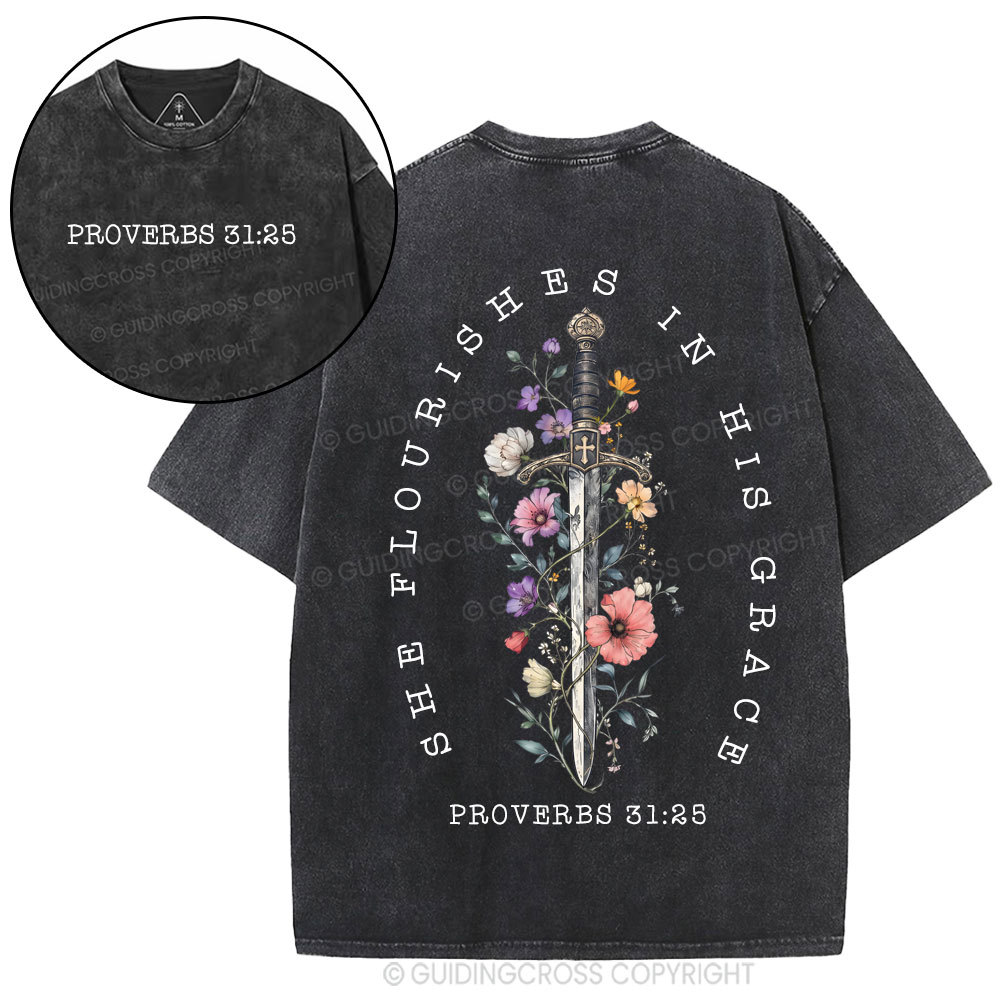 She Flouries In His Grace Christian Washed T-Shirt
