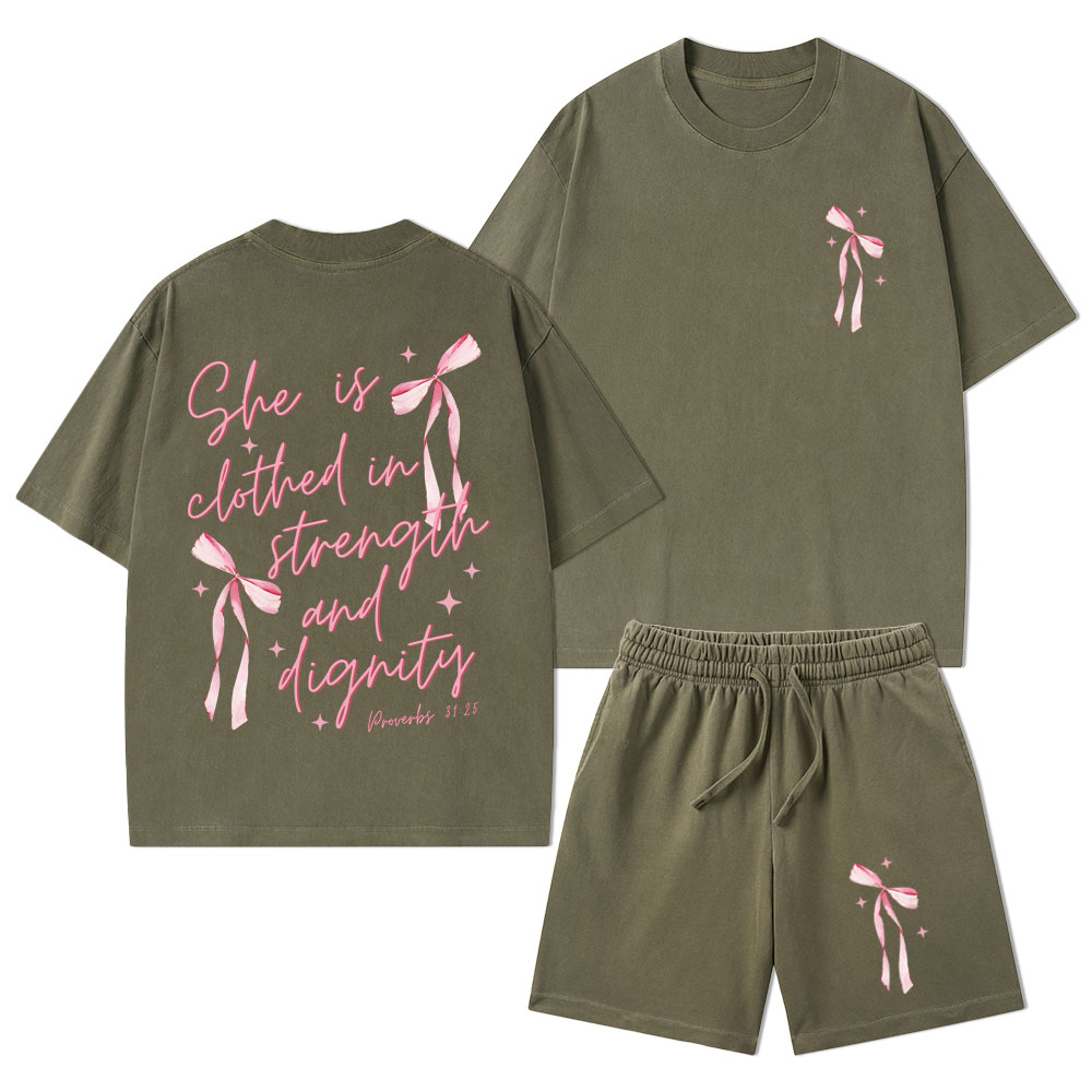 She Is Clothed In Strength And Dignity Christian Washed T-Shirt & Shorts