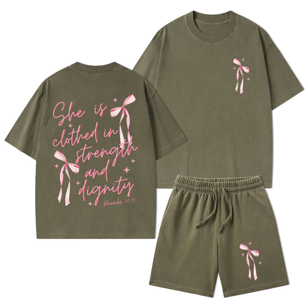 She Is Clothed In Strength And Dignity Christian Washed T-Shirt & Shorts