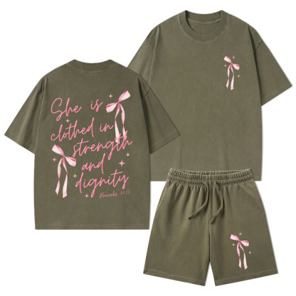 She Is Clothed In Strength And Dignity Christian Washed T-Shirt & Shorts