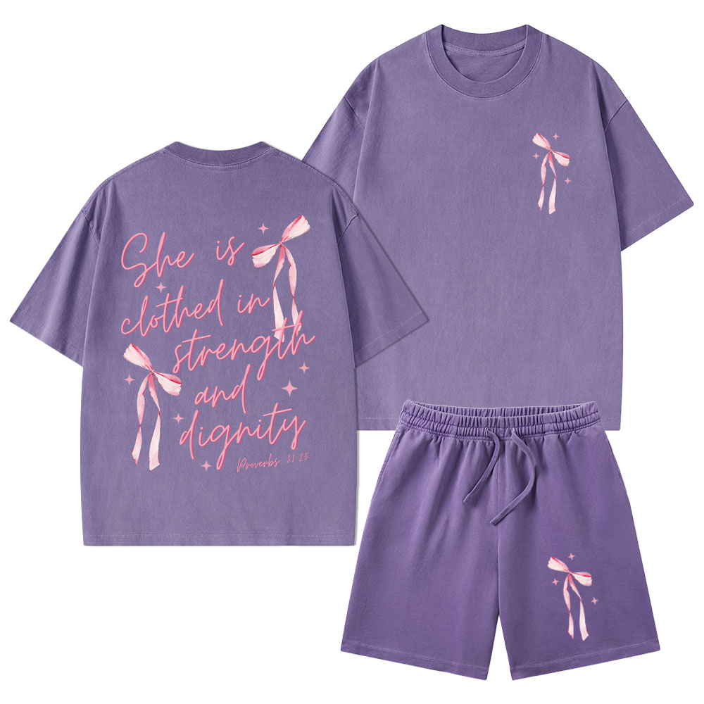 She Is Clothed In Strength And Dignity Christian Washed T-Shirt & Shorts